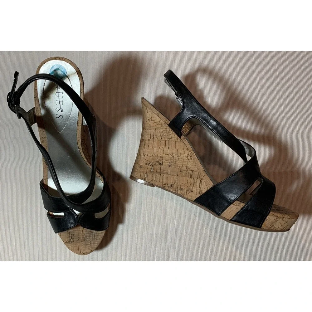 GUESS STRAPPY CORK WEDGE SANDALS 7.5 M BLACK
